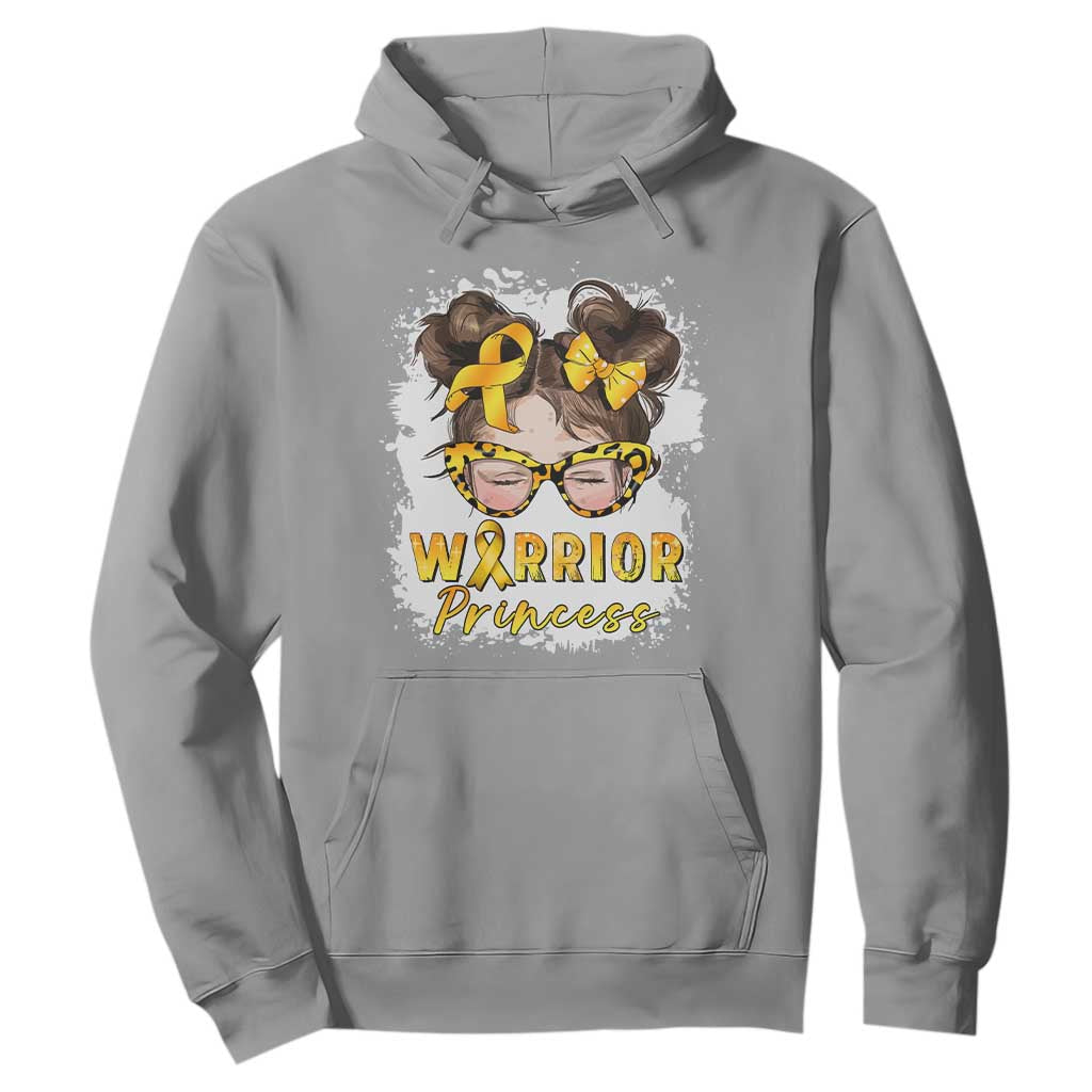 Childhood Cancer Warrior Support Hoodie Warrior Princess Gold Ribbon Messy Bun Girl