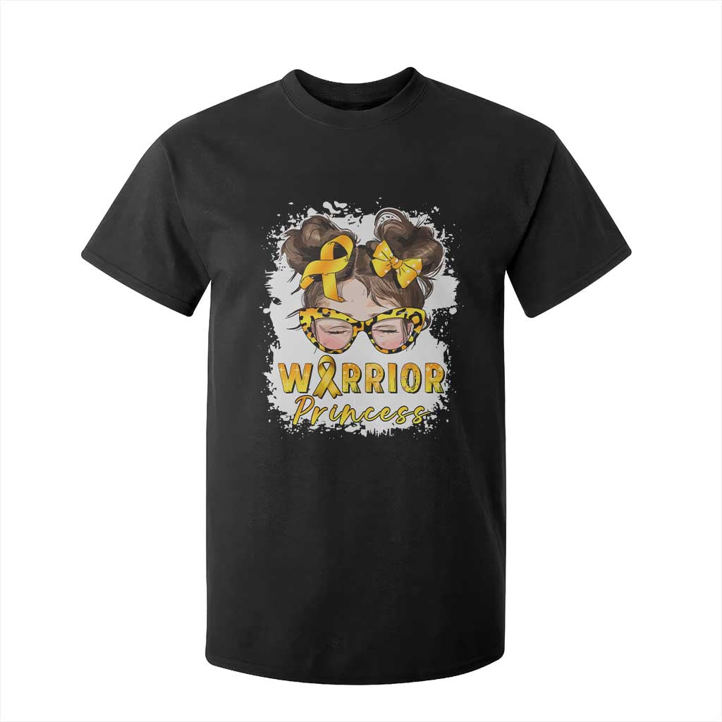 Childhood Cancer Warrior Support T Shirt For Kid Warrior Princess Gold Ribbon Messy Bun Girl