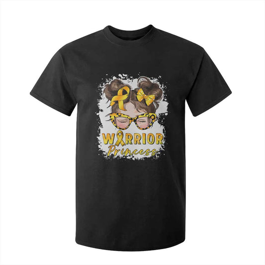 Childhood Cancer Warrior Support T Shirt For Kid Warrior Princess Gold Ribbon Messy Bun Girl