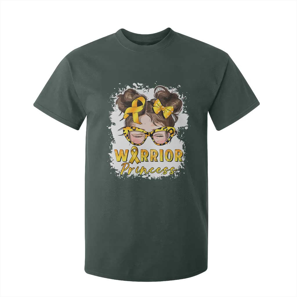 Childhood Cancer Warrior Support T Shirt For Kid Warrior Princess Gold Ribbon Messy Bun Girl