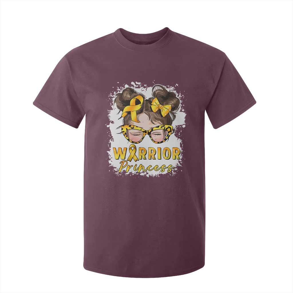 Childhood Cancer Warrior Support T Shirt For Kid Warrior Princess Gold Ribbon Messy Bun Girl