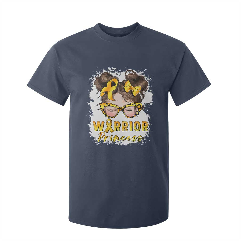 Childhood Cancer Warrior Support T Shirt For Kid Warrior Princess Gold Ribbon Messy Bun Girl
