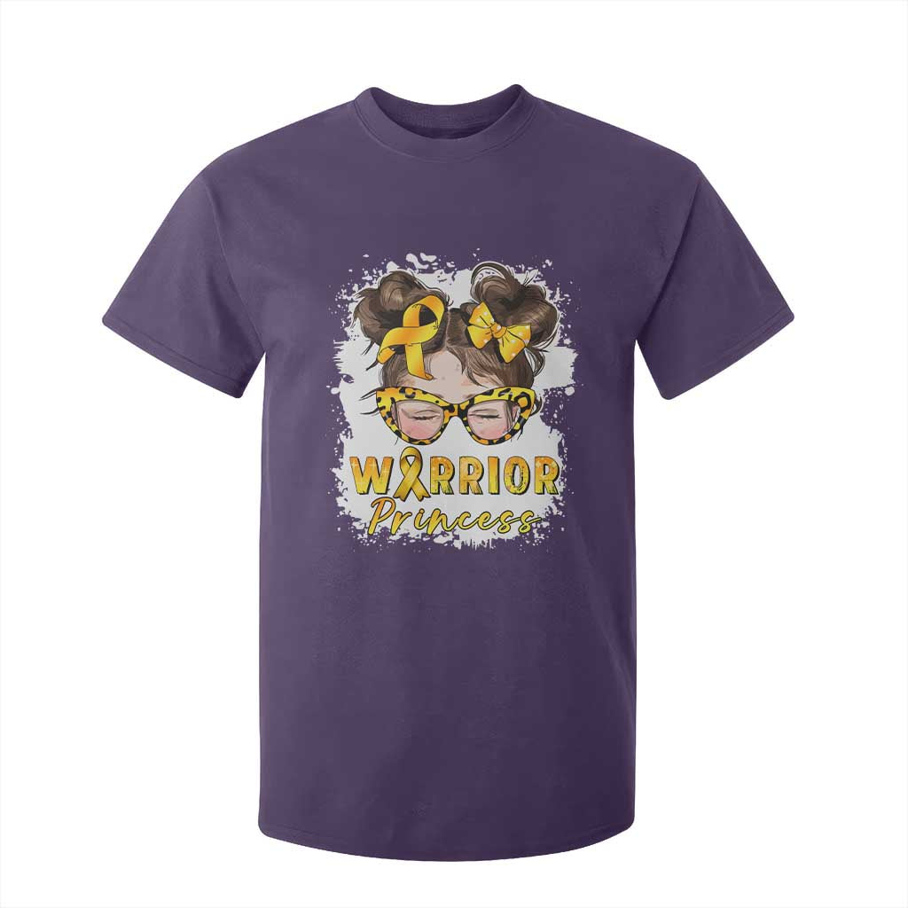 Childhood Cancer Warrior Support T Shirt For Kid Warrior Princess Gold Ribbon Messy Bun Girl