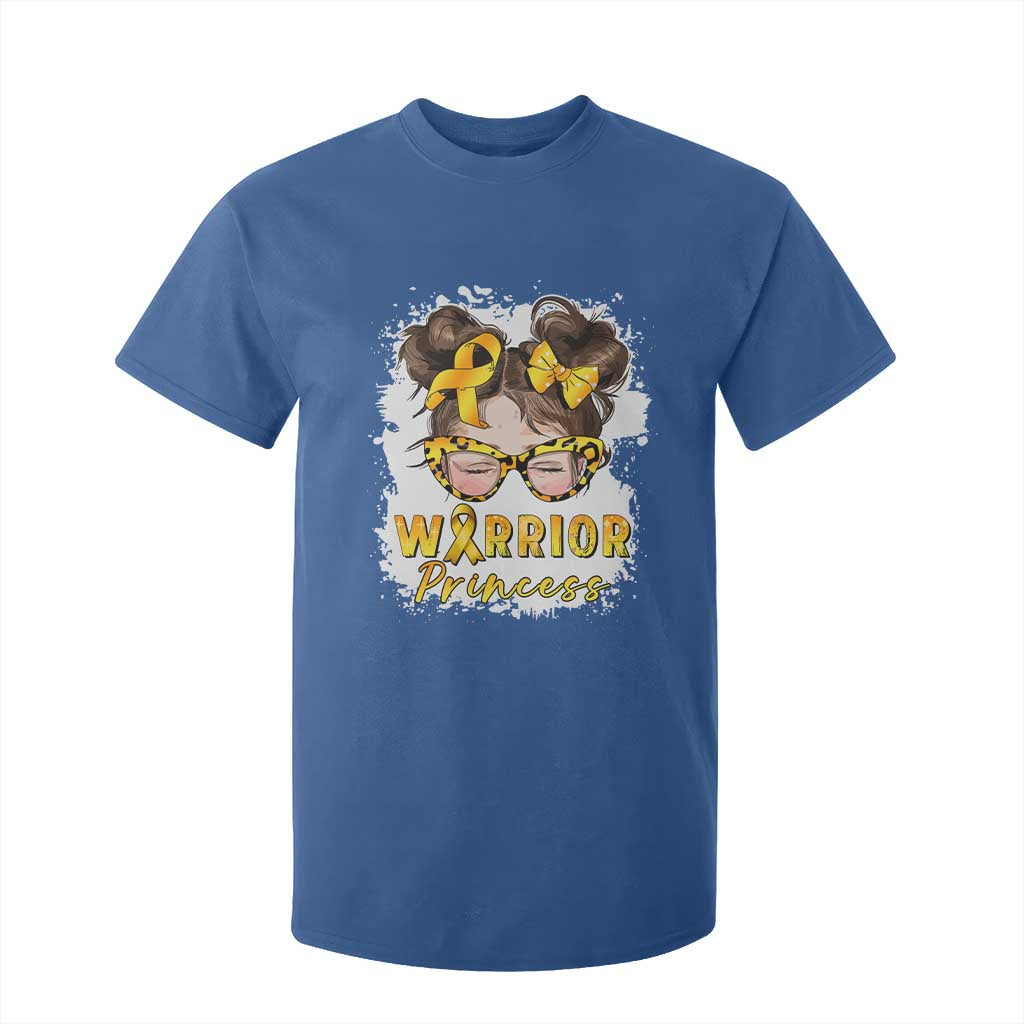Childhood Cancer Warrior Support T Shirt For Kid Warrior Princess Gold Ribbon Messy Bun Girl