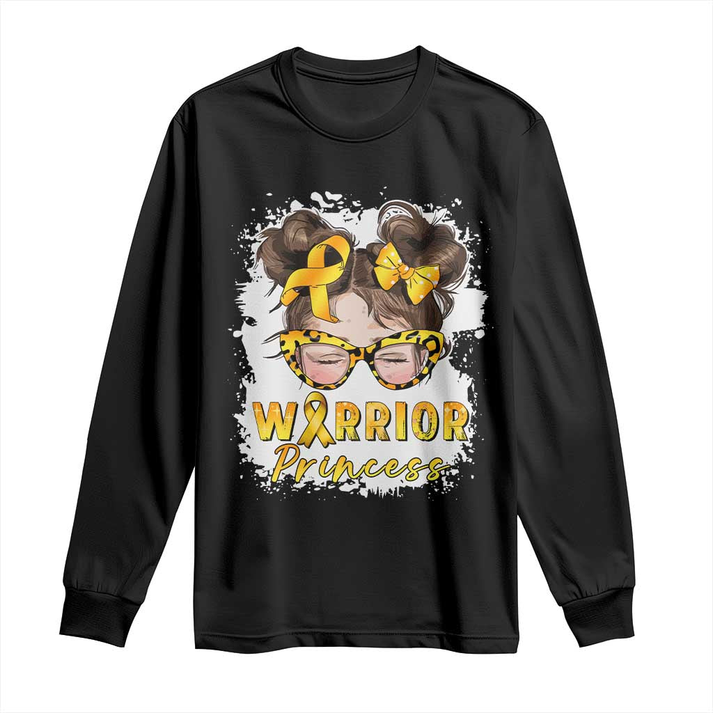 Childhood Cancer Warrior Support Long Sleeve Shirt Warrior Princess Gold Ribbon Messy Bun Girl