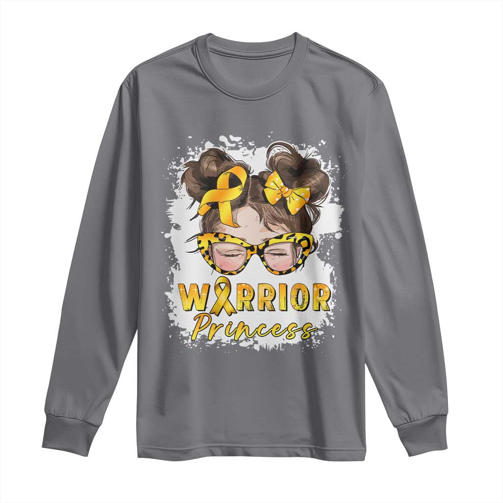 Childhood Cancer Warrior Support Long Sleeve Shirt Warrior Princess Gold Ribbon Messy Bun Girl