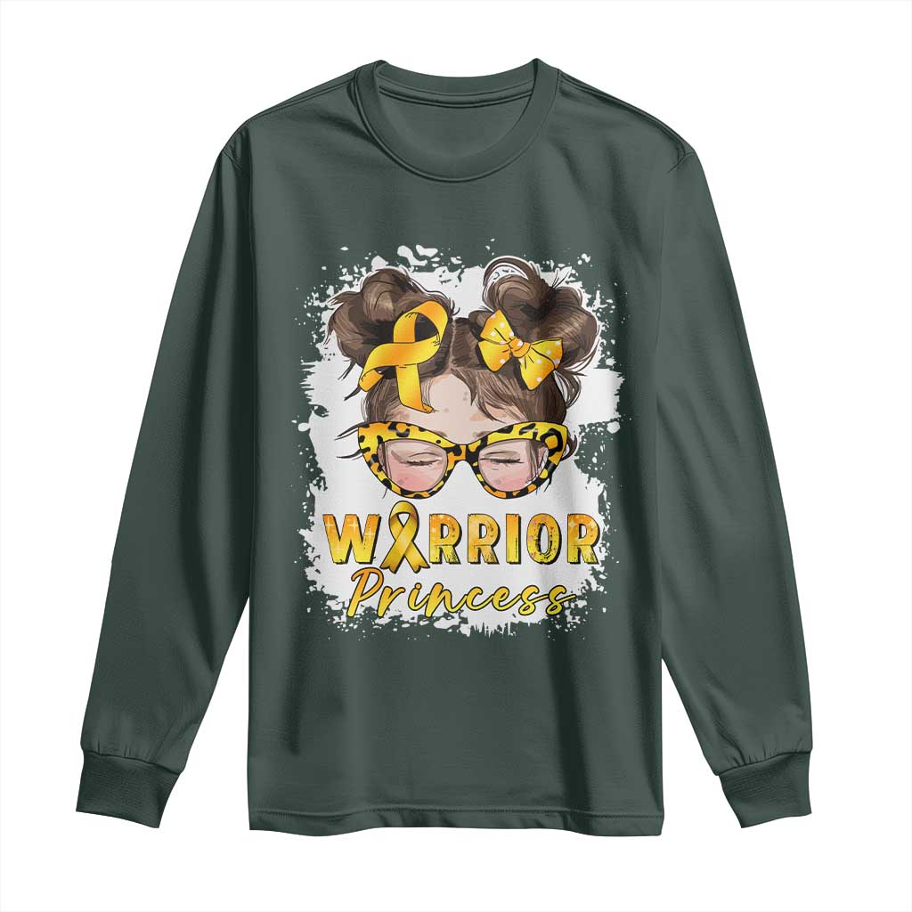 Childhood Cancer Warrior Support Long Sleeve Shirt Warrior Princess Gold Ribbon Messy Bun Girl