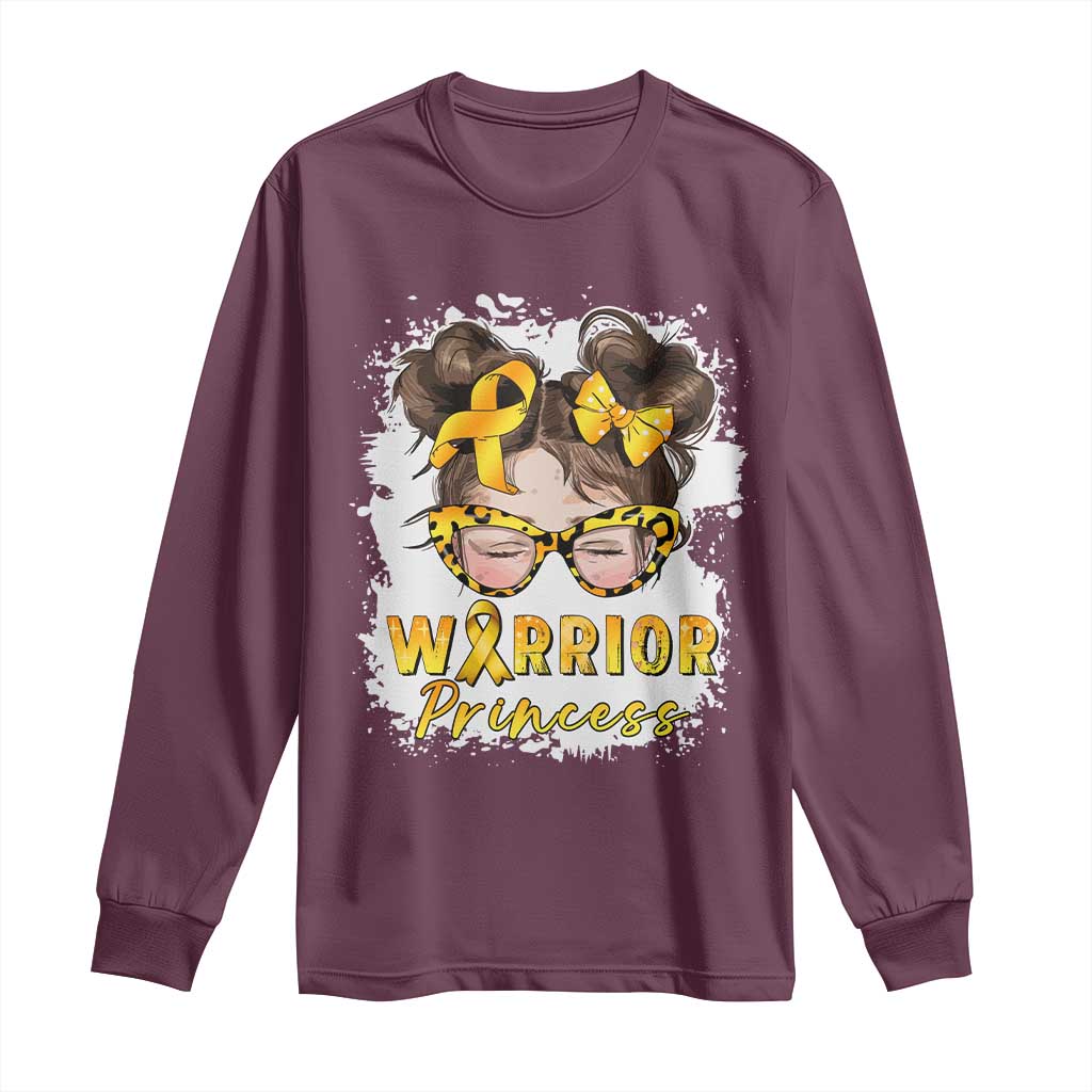 Childhood Cancer Warrior Support Long Sleeve Shirt Warrior Princess Gold Ribbon Messy Bun Girl