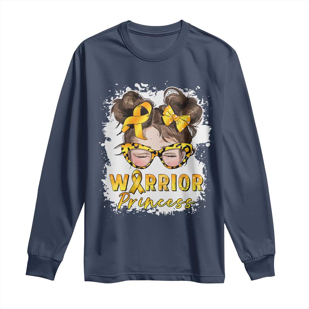 Childhood Cancer Warrior Support Long Sleeve Shirt Warrior Princess Gold Ribbon Messy Bun Girl