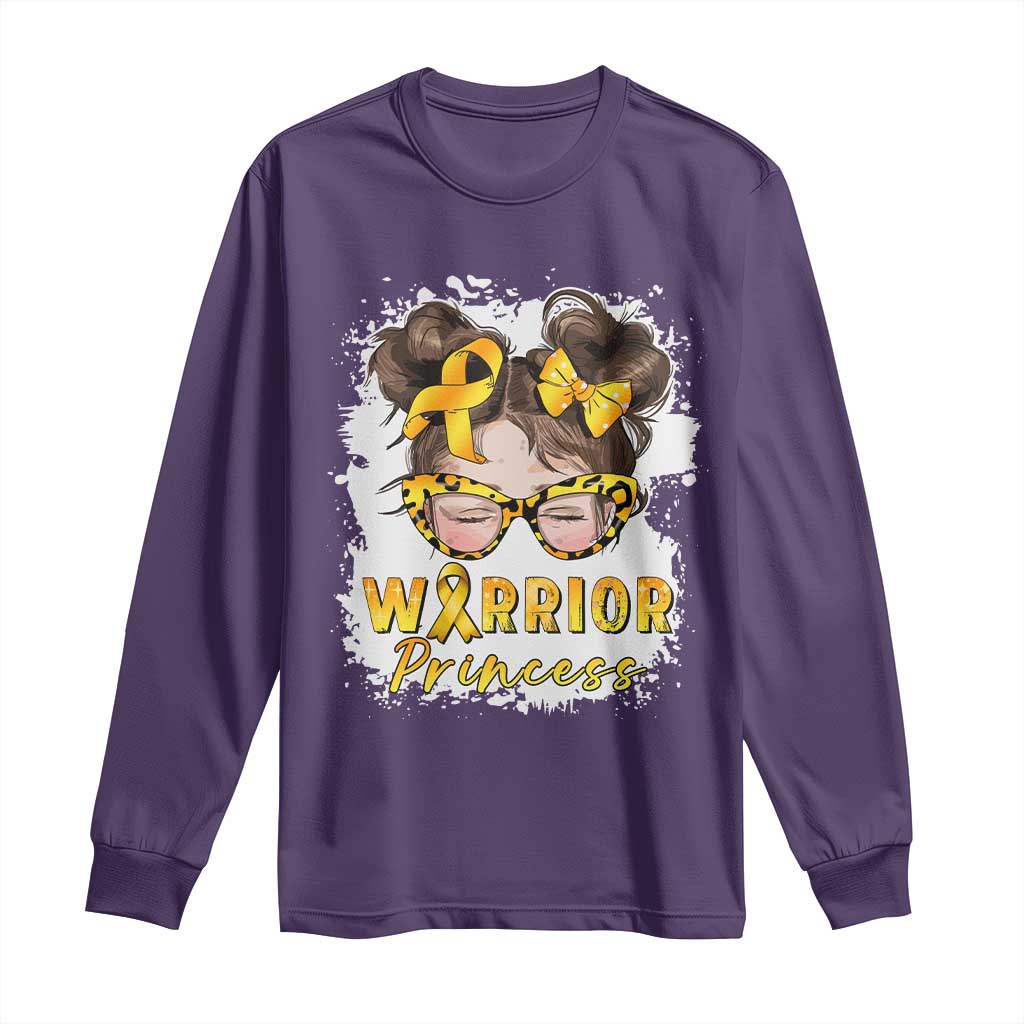 Childhood Cancer Warrior Support Long Sleeve Shirt Warrior Princess Gold Ribbon Messy Bun Girl