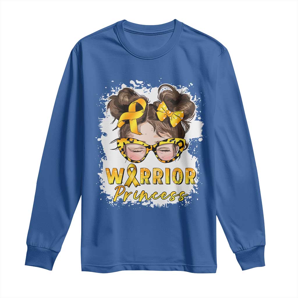 Childhood Cancer Warrior Support Long Sleeve Shirt Warrior Princess Gold Ribbon Messy Bun Girl
