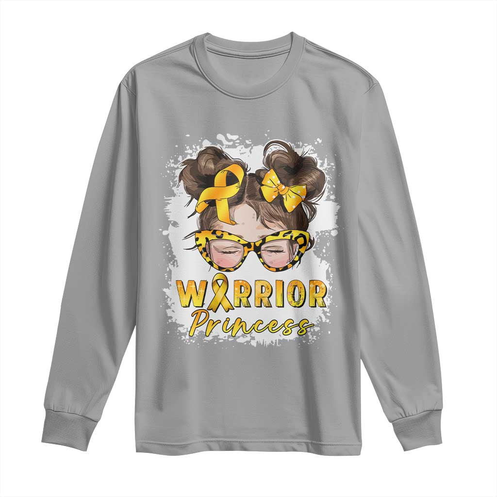 Childhood Cancer Warrior Support Long Sleeve Shirt Warrior Princess Gold Ribbon Messy Bun Girl