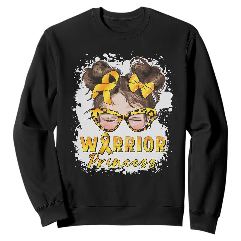 Childhood Cancer Warrior Support Sweatshirt Warrior Princess Gold Ribbon Messy Bun Girl