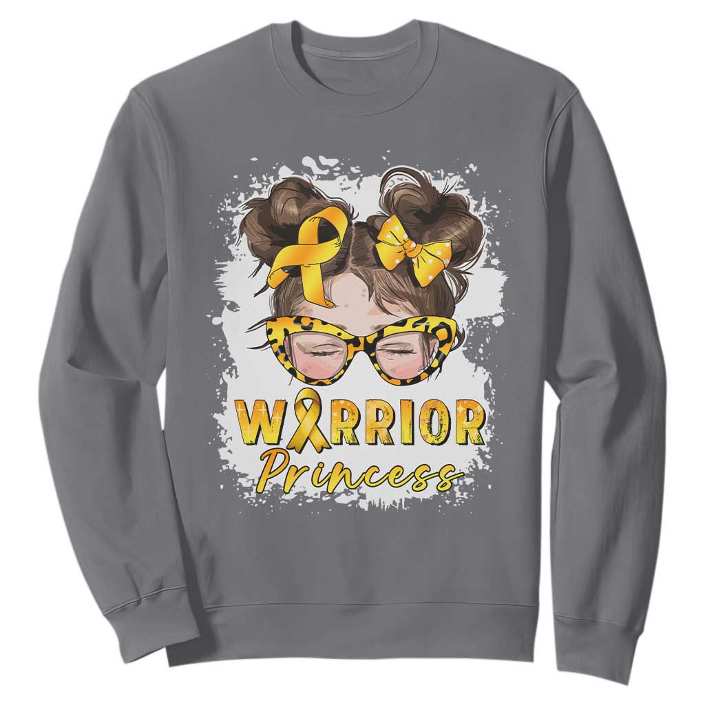 Childhood Cancer Warrior Support Sweatshirt Warrior Princess Gold Ribbon Messy Bun Girl