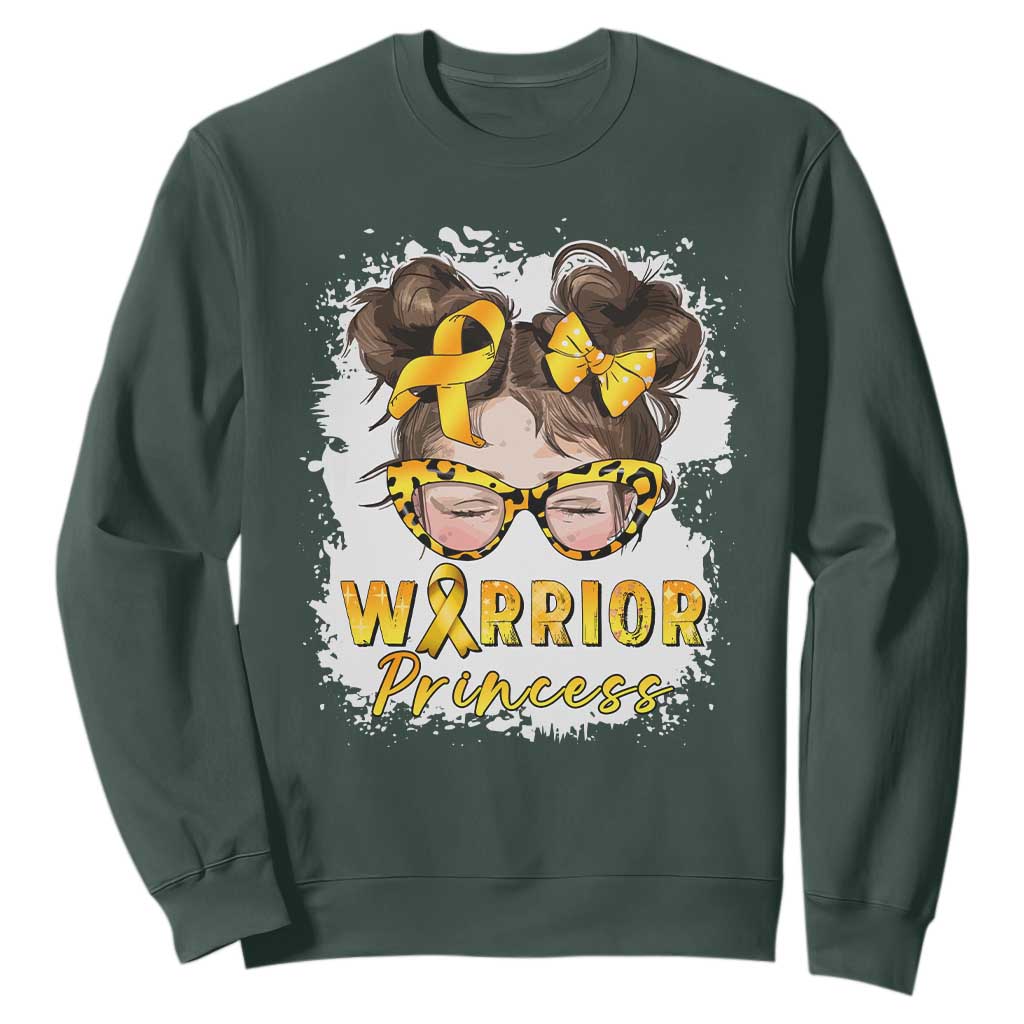 Childhood Cancer Warrior Support Sweatshirt Warrior Princess Gold Ribbon Messy Bun Girl