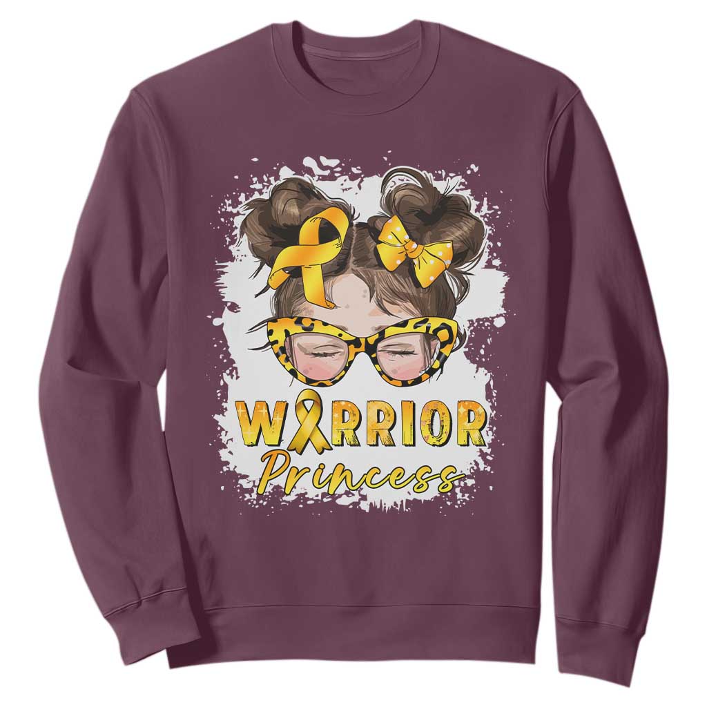 Childhood Cancer Warrior Support Sweatshirt Warrior Princess Gold Ribbon Messy Bun Girl