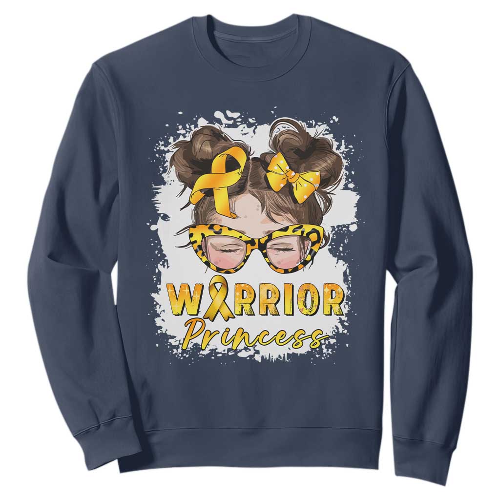 Childhood Cancer Warrior Support Sweatshirt Warrior Princess Gold Ribbon Messy Bun Girl