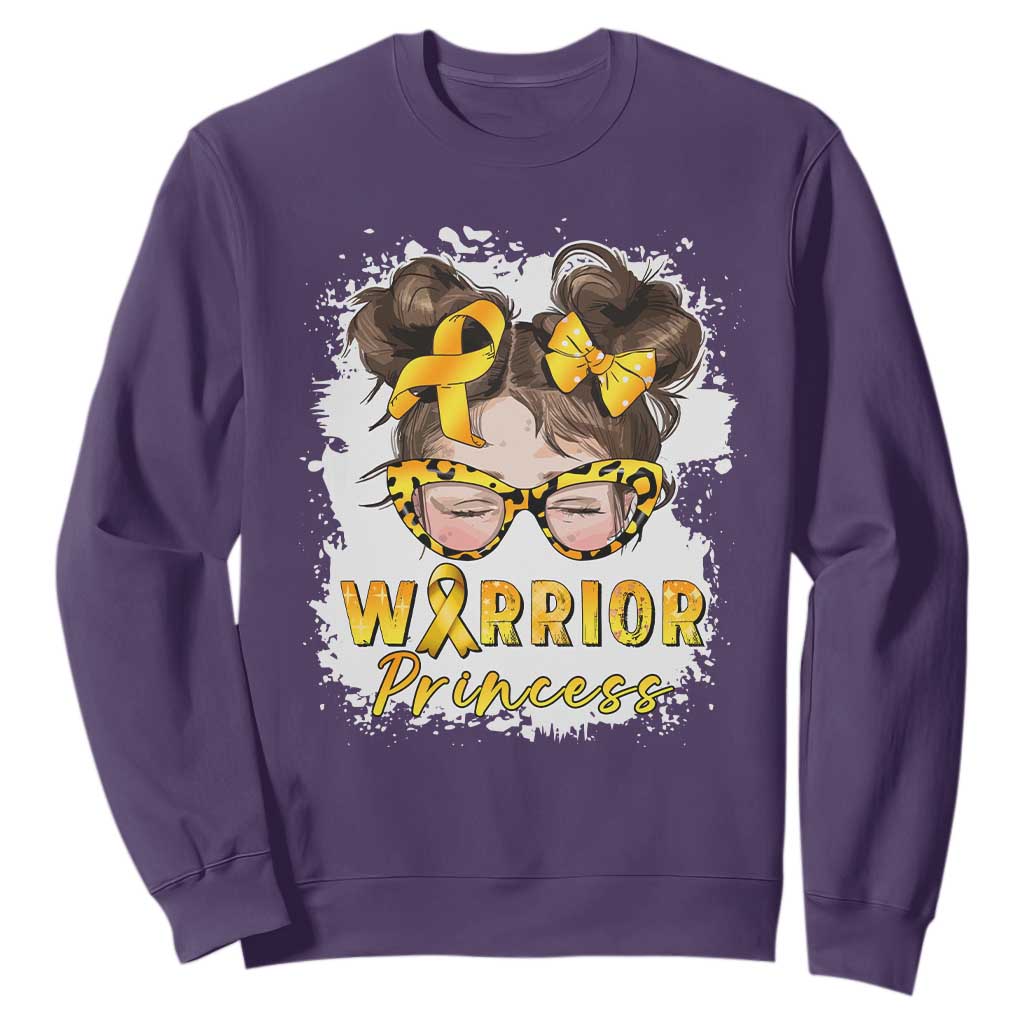 Childhood Cancer Warrior Support Sweatshirt Warrior Princess Gold Ribbon Messy Bun Girl