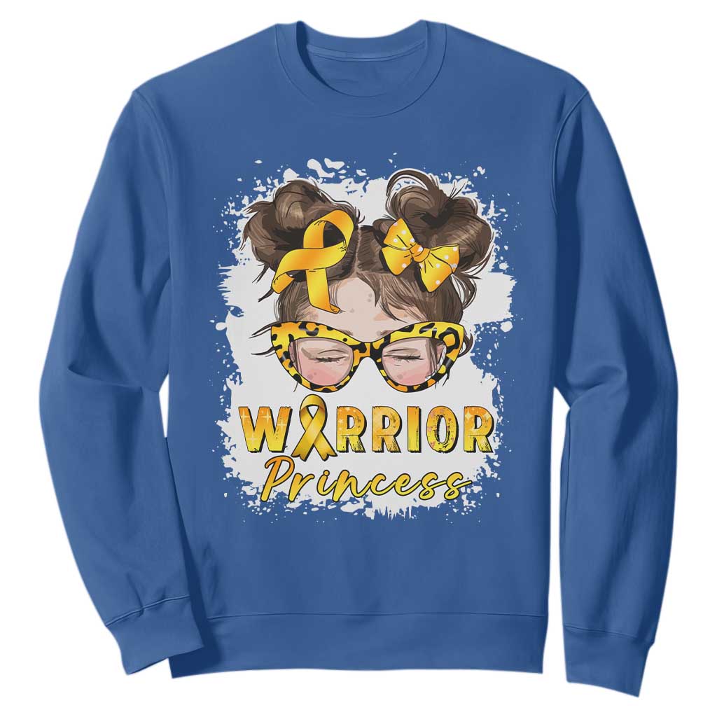 Childhood Cancer Warrior Support Sweatshirt Warrior Princess Gold Ribbon Messy Bun Girl