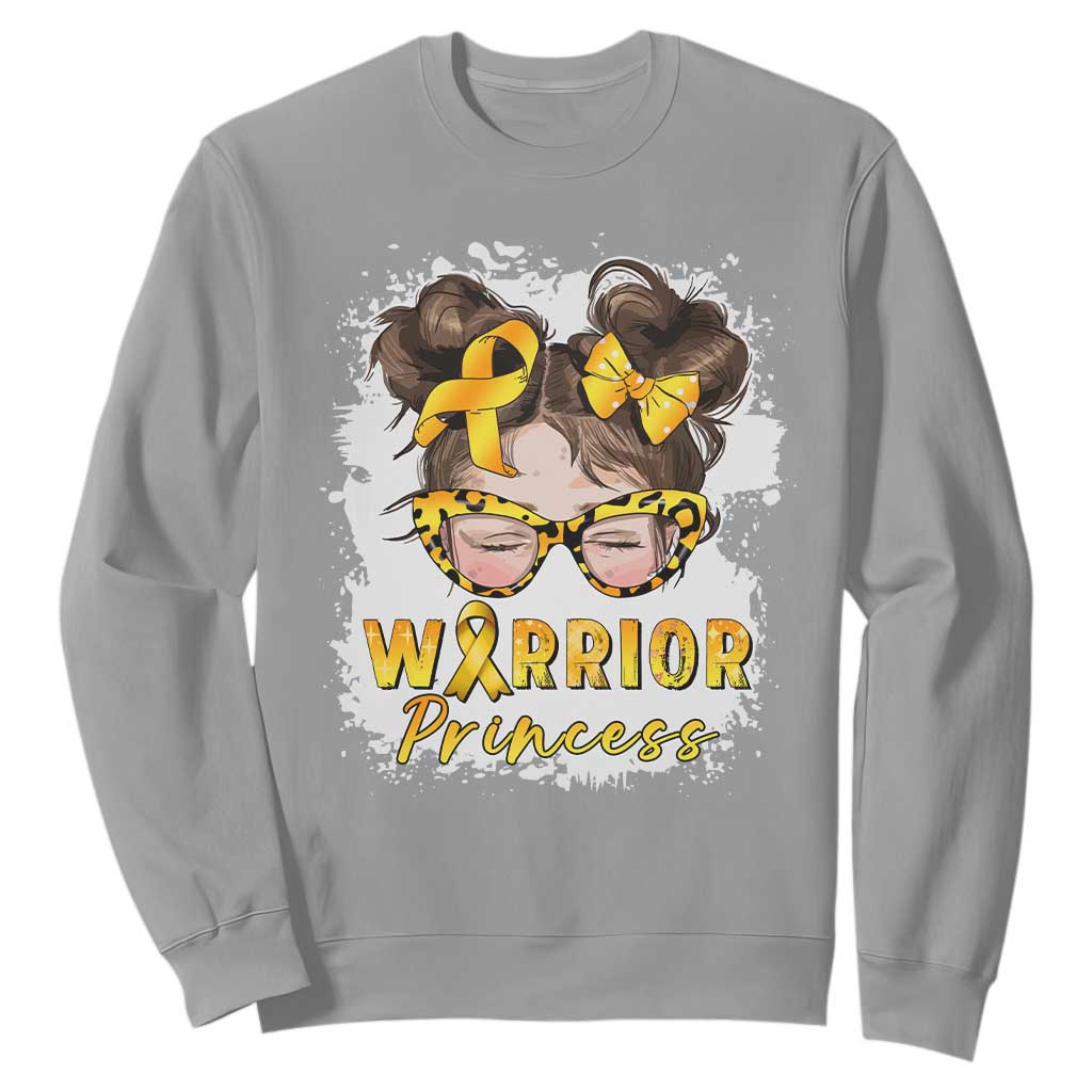 Childhood Cancer Warrior Support Sweatshirt Warrior Princess Gold Ribbon Messy Bun Girl