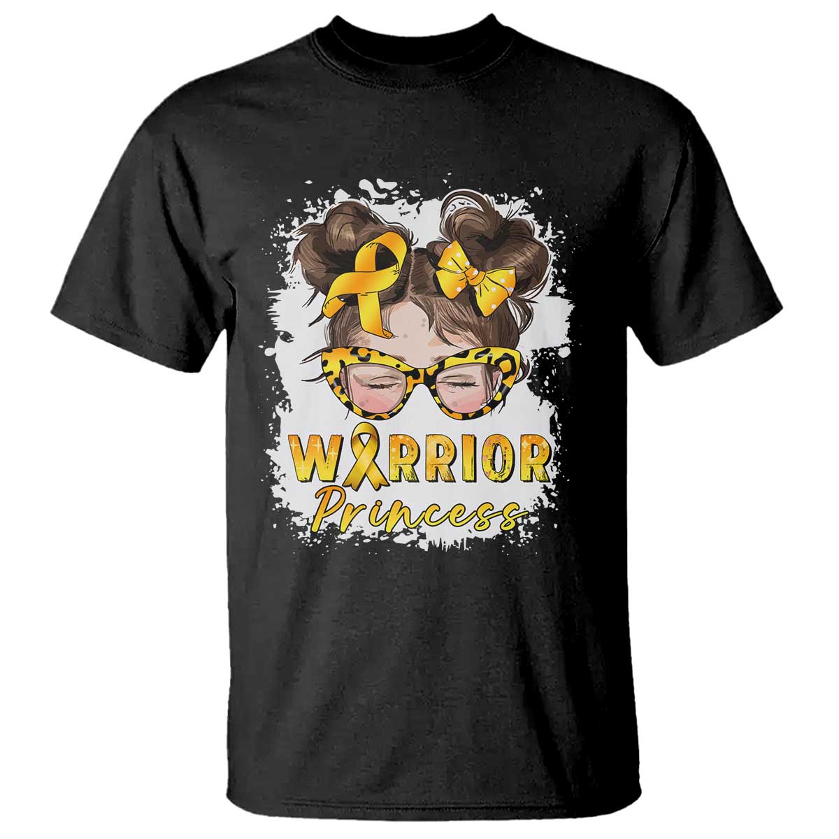 Childhood Cancer Warrior Support T Shirt Warrior Princess Gold Ribbon Messy Bun Girl