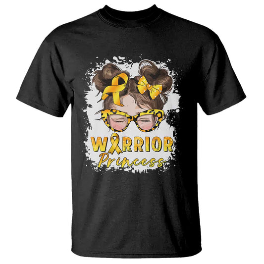 Childhood Cancer Warrior Support T Shirt Warrior Princess Gold Ribbon Messy Bun Girl