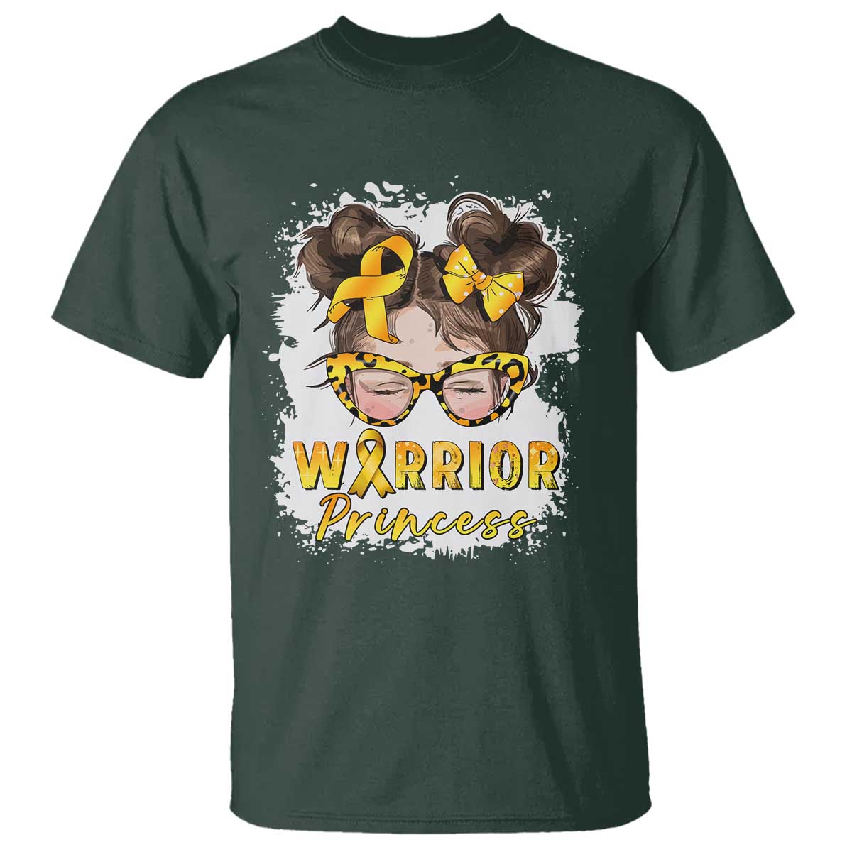 Childhood Cancer Warrior Support T Shirt Warrior Princess Gold Ribbon Messy Bun Girl