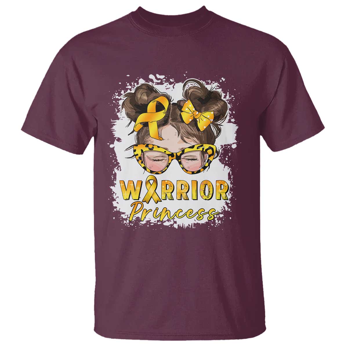 Childhood Cancer Warrior Support T Shirt Warrior Princess Gold Ribbon Messy Bun Girl