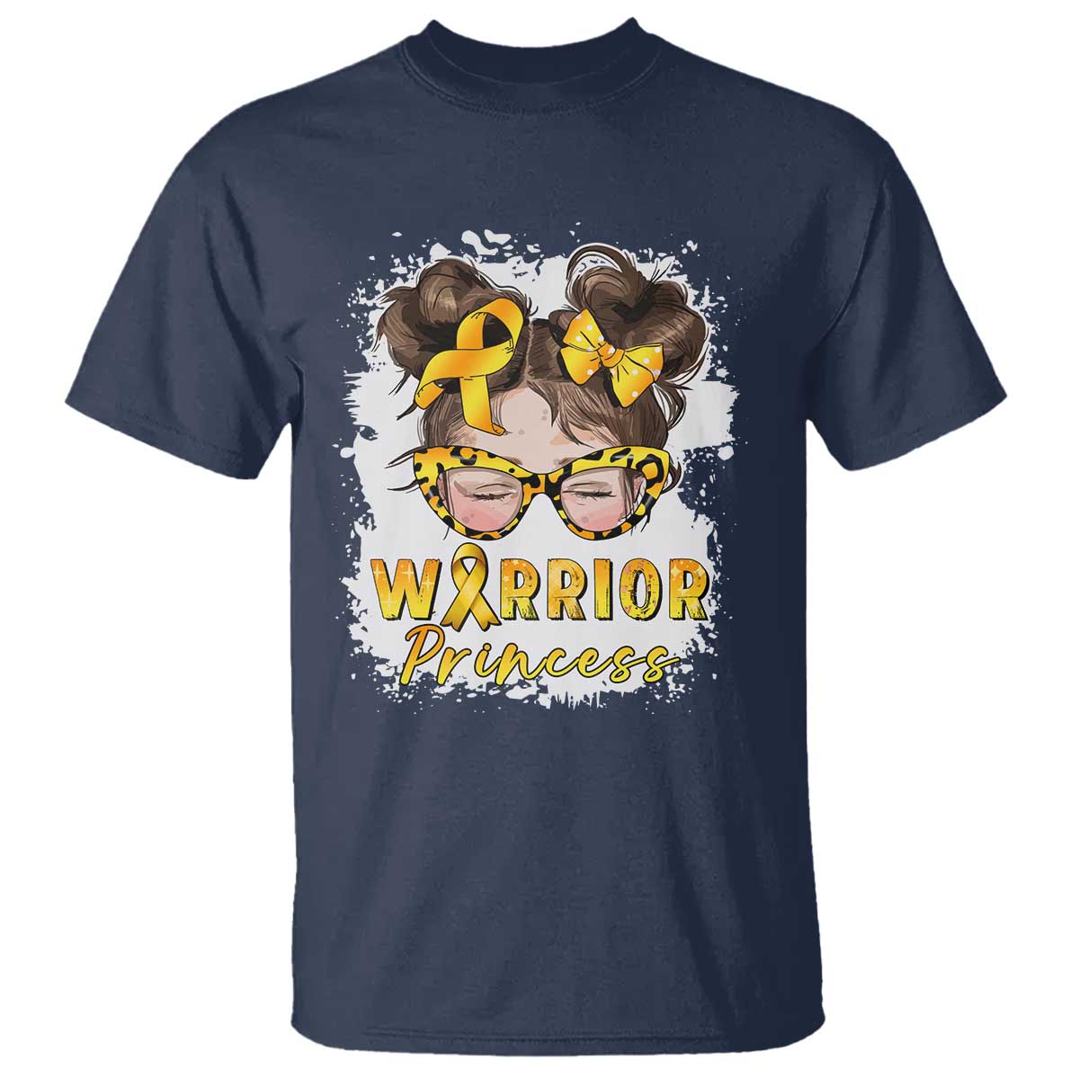 Childhood Cancer Warrior Support T Shirt Warrior Princess Gold Ribbon Messy Bun Girl