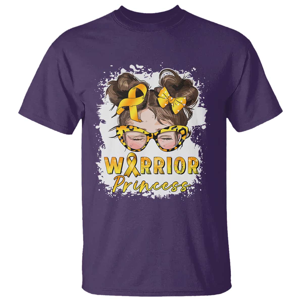 Childhood Cancer Warrior Support T Shirt Warrior Princess Gold Ribbon Messy Bun Girl