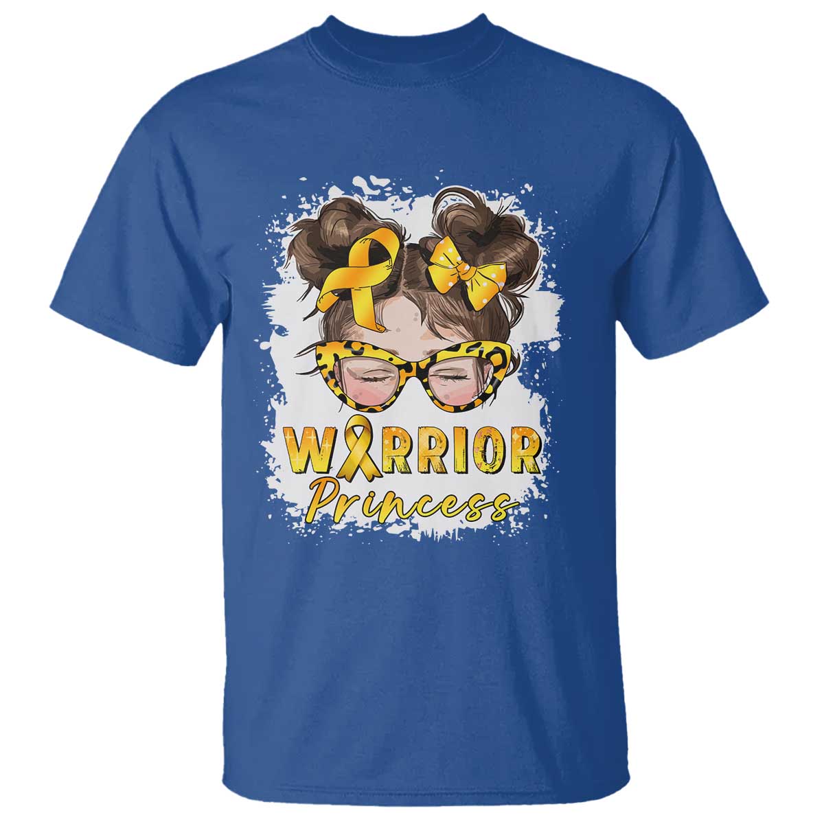 Childhood Cancer Warrior Support T Shirt Warrior Princess Gold Ribbon Messy Bun Girl