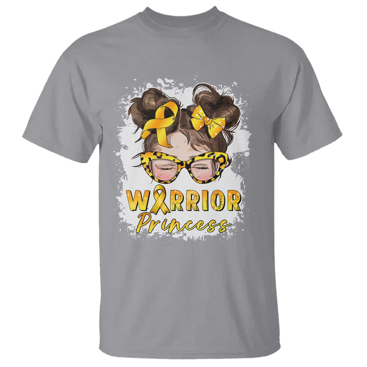 Childhood Cancer Warrior Support T Shirt Warrior Princess Gold Ribbon Messy Bun Girl