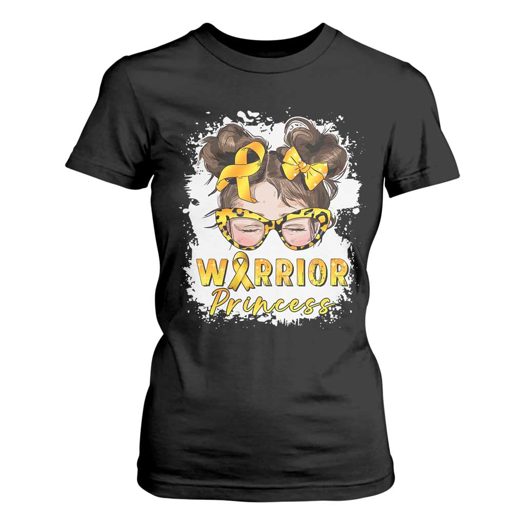 Childhood Cancer Warrior Support T Shirt For Women Warrior Princess Gold Ribbon Messy Bun Girl