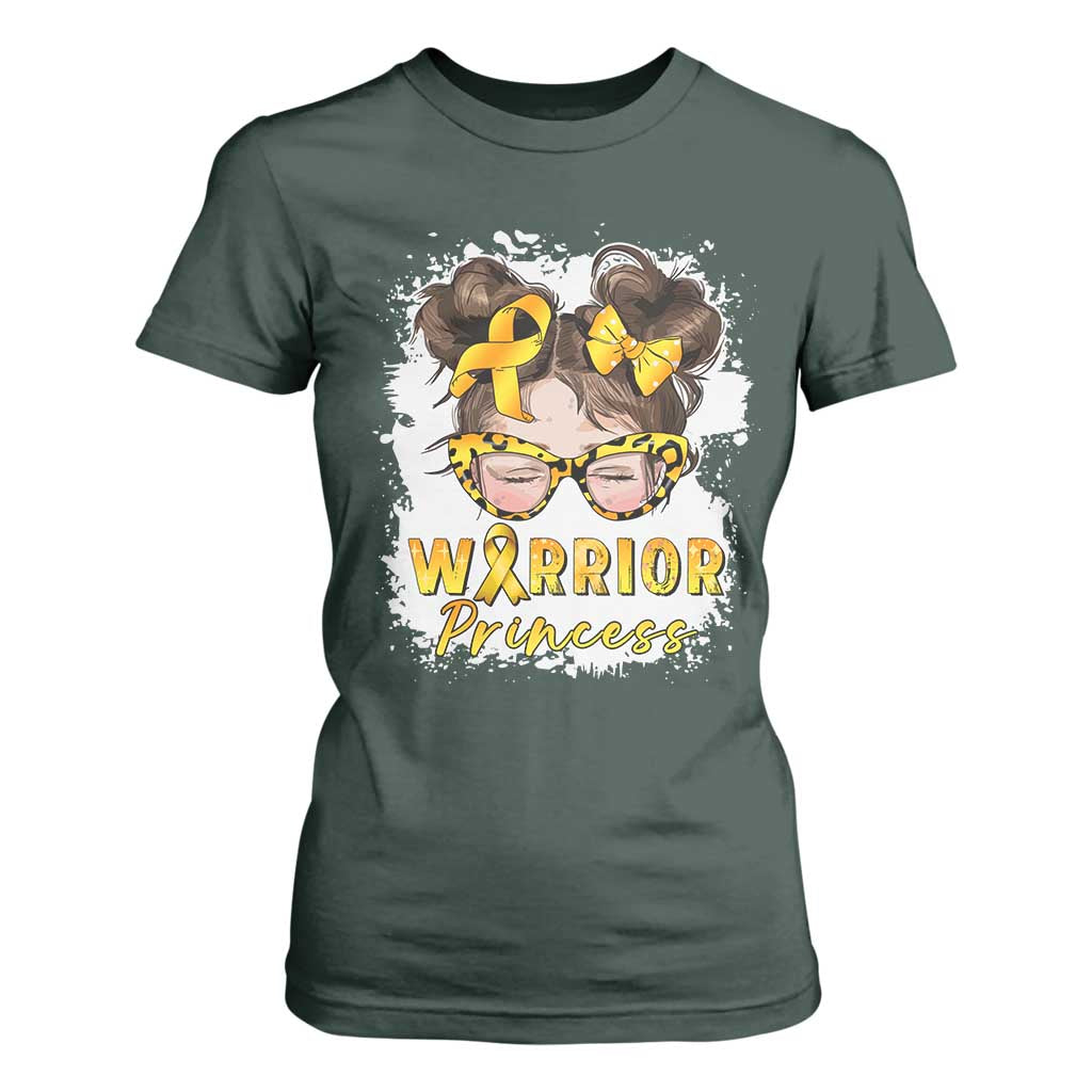 Childhood Cancer Warrior Support T Shirt For Women Warrior Princess Gold Ribbon Messy Bun Girl
