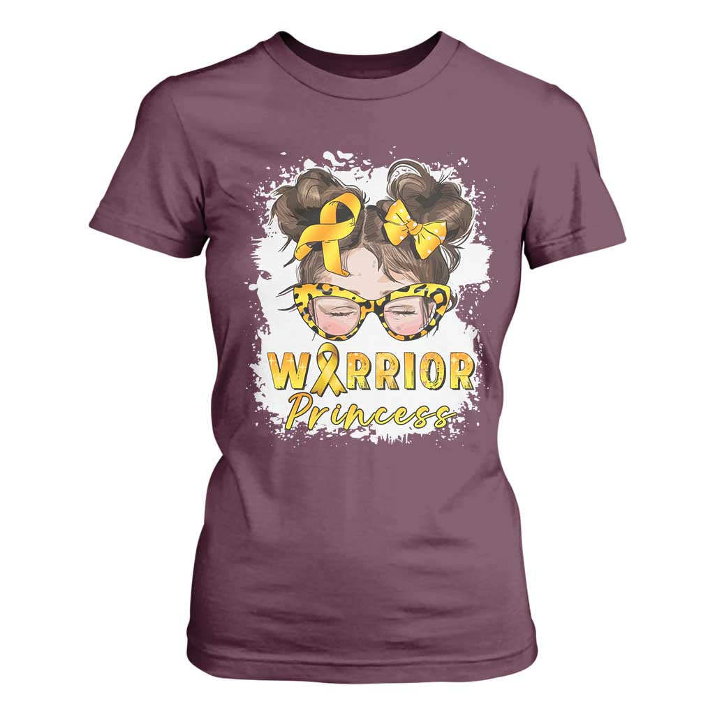 Childhood Cancer Warrior Support T Shirt For Women Warrior Princess Gold Ribbon Messy Bun Girl