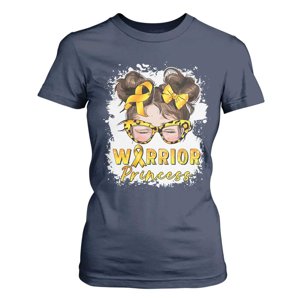 Childhood Cancer Warrior Support T Shirt For Women Warrior Princess Gold Ribbon Messy Bun Girl