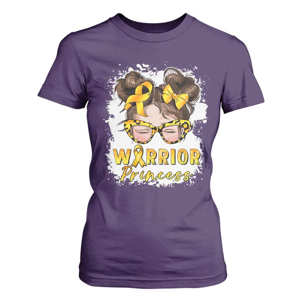 Childhood Cancer Warrior Support T Shirt For Women Warrior Princess Gold Ribbon Messy Bun Girl