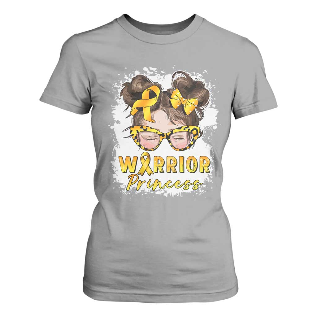 Childhood Cancer Warrior Support T Shirt For Women Warrior Princess Gold Ribbon Messy Bun Girl