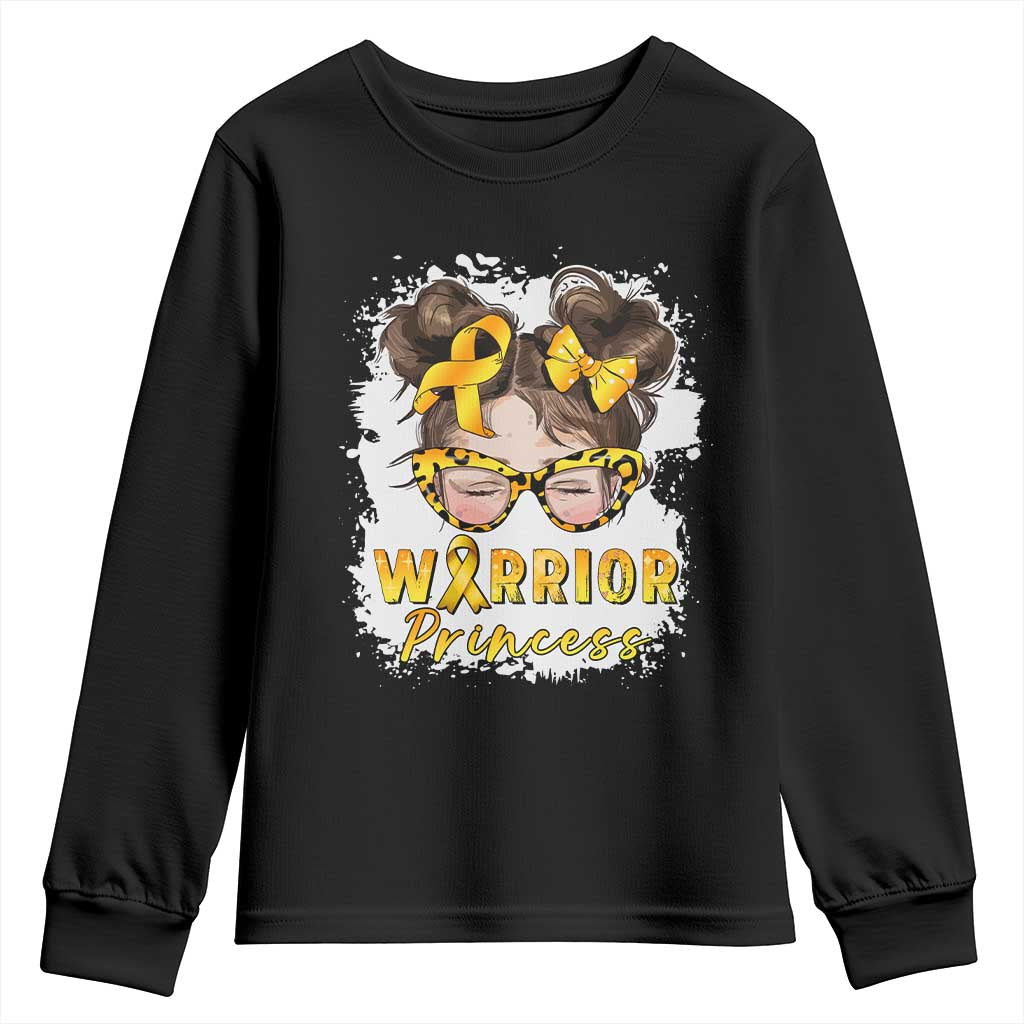 Childhood Cancer Warrior Support Youth Sweatshirt Warrior Princess Gold Ribbon Messy Bun Girl