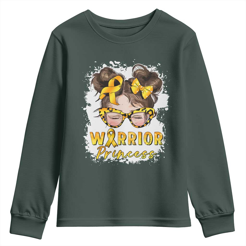 Childhood Cancer Warrior Support Youth Sweatshirt Warrior Princess Gold Ribbon Messy Bun Girl