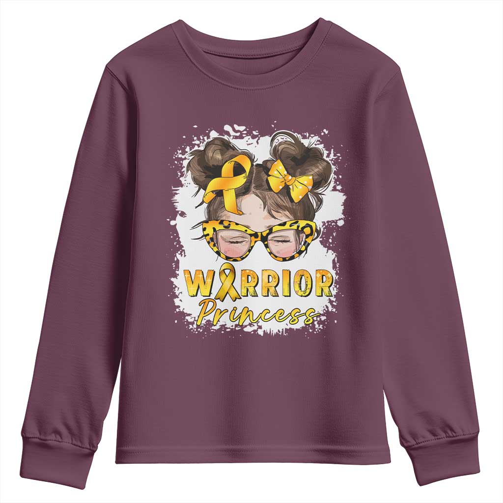 Childhood Cancer Warrior Support Youth Sweatshirt Warrior Princess Gold Ribbon Messy Bun Girl
