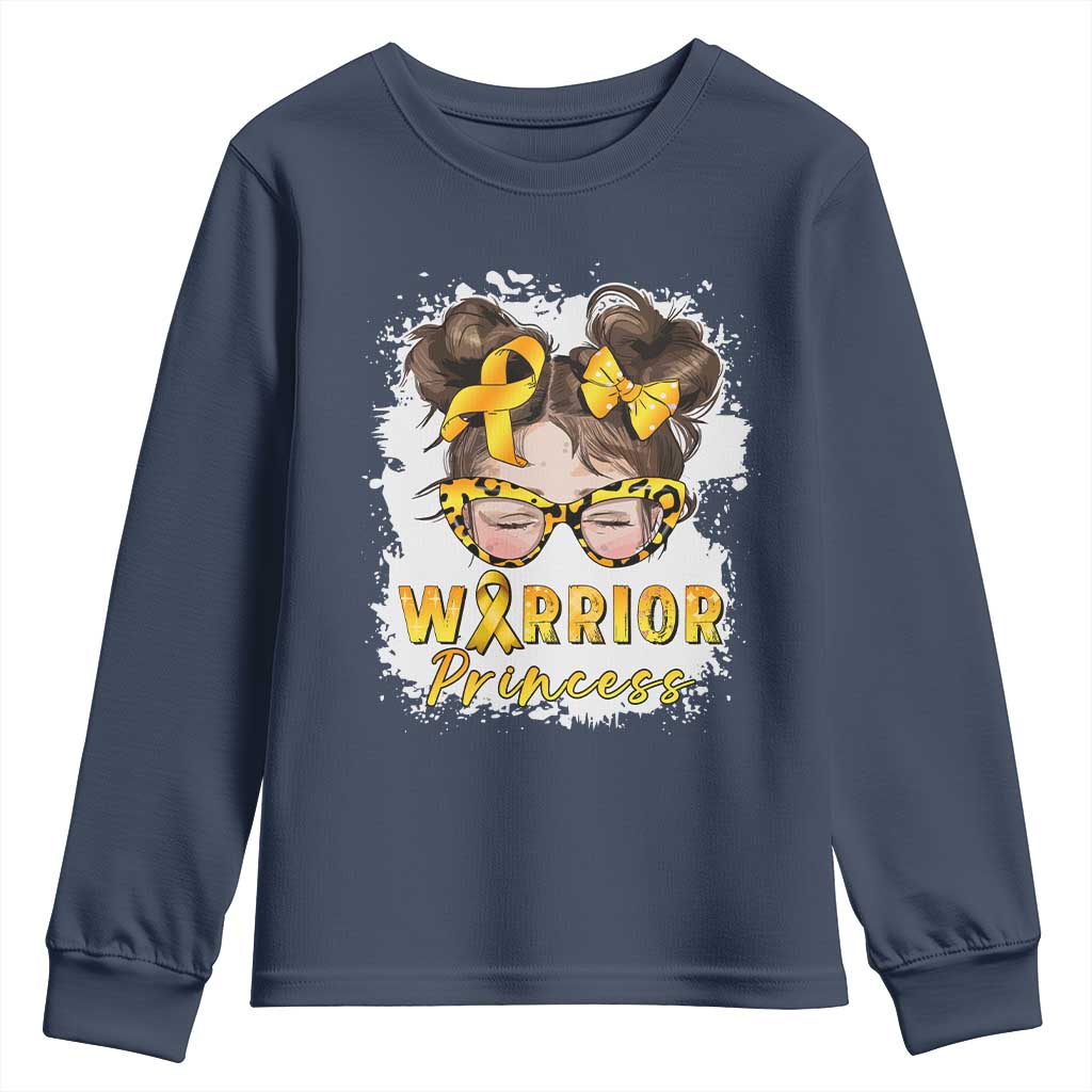 Childhood Cancer Warrior Support Youth Sweatshirt Warrior Princess Gold Ribbon Messy Bun Girl