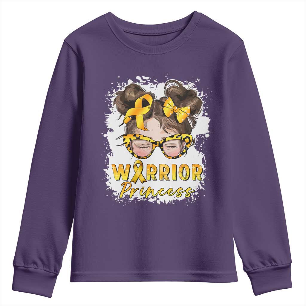 Childhood Cancer Warrior Support Youth Sweatshirt Warrior Princess Gold Ribbon Messy Bun Girl
