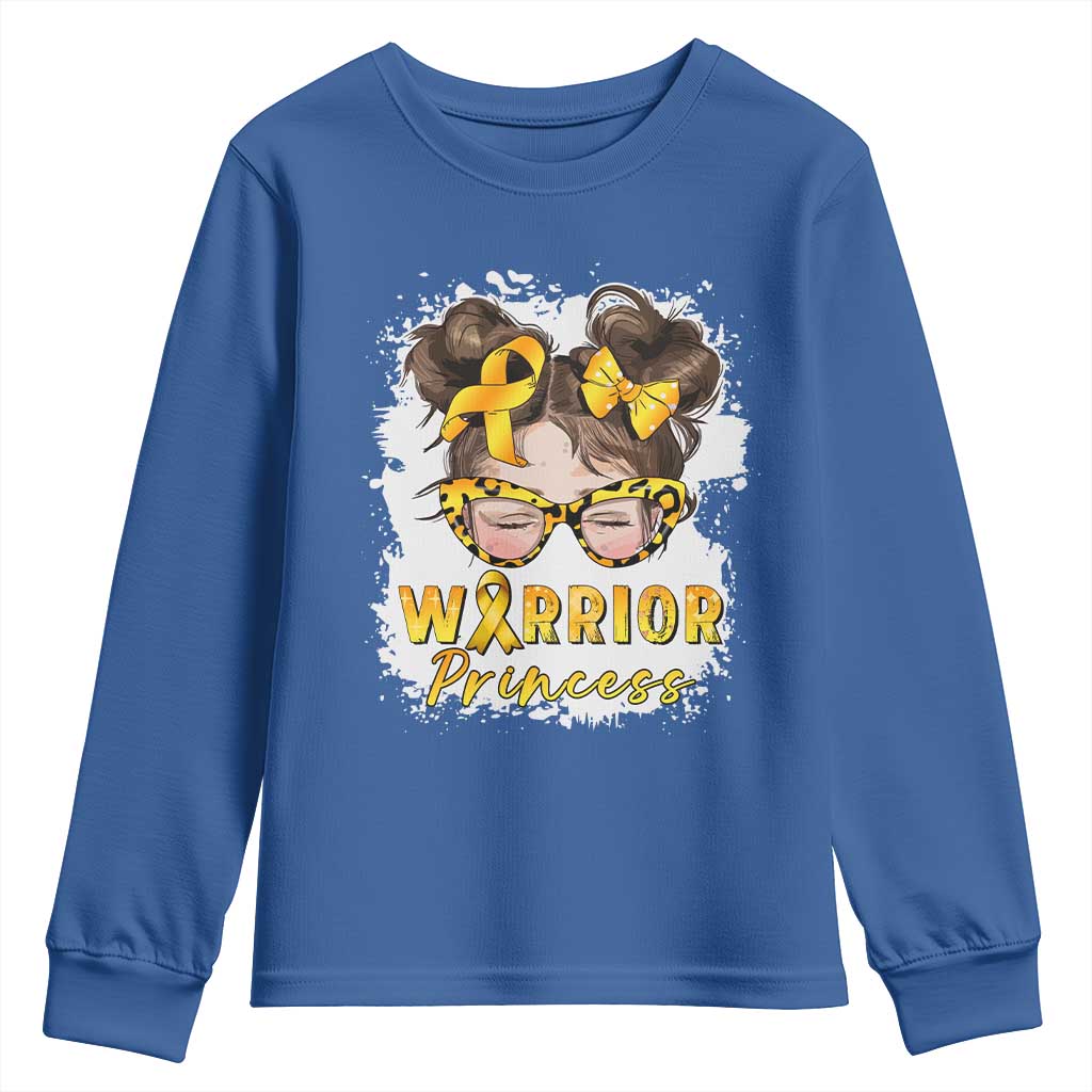 Childhood Cancer Warrior Support Youth Sweatshirt Warrior Princess Gold Ribbon Messy Bun Girl