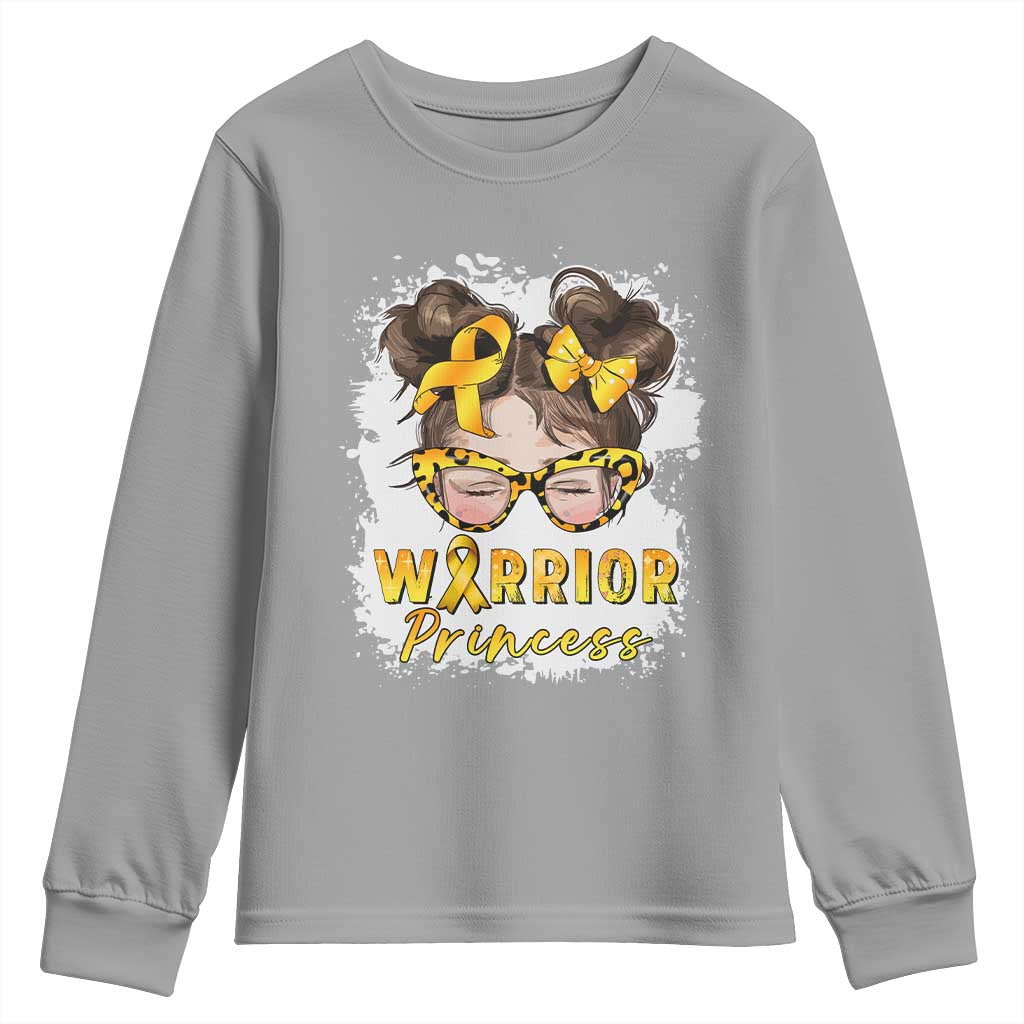 Childhood Cancer Warrior Support Youth Sweatshirt Warrior Princess Gold Ribbon Messy Bun Girl