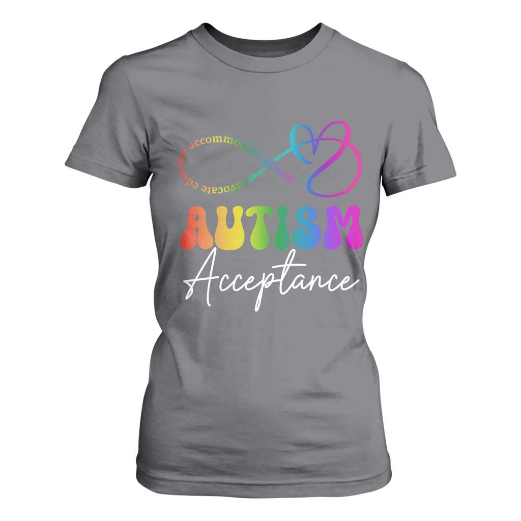 Autism Acceptance T Shirt For Women Advocate Educate Accomodate Include Rainbow Infinity Symbol