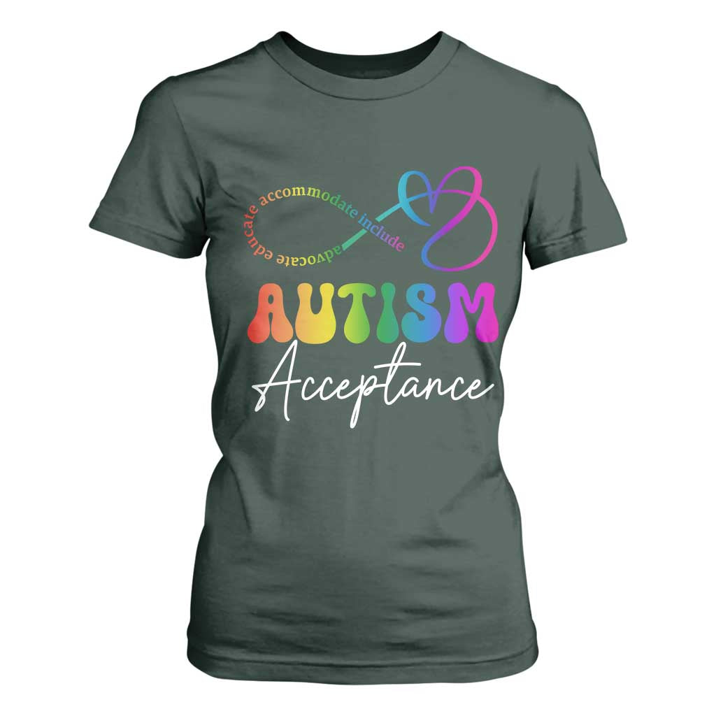 Autism Acceptance T Shirt For Women Advocate Educate Accomodate Include Rainbow Infinity Symbol