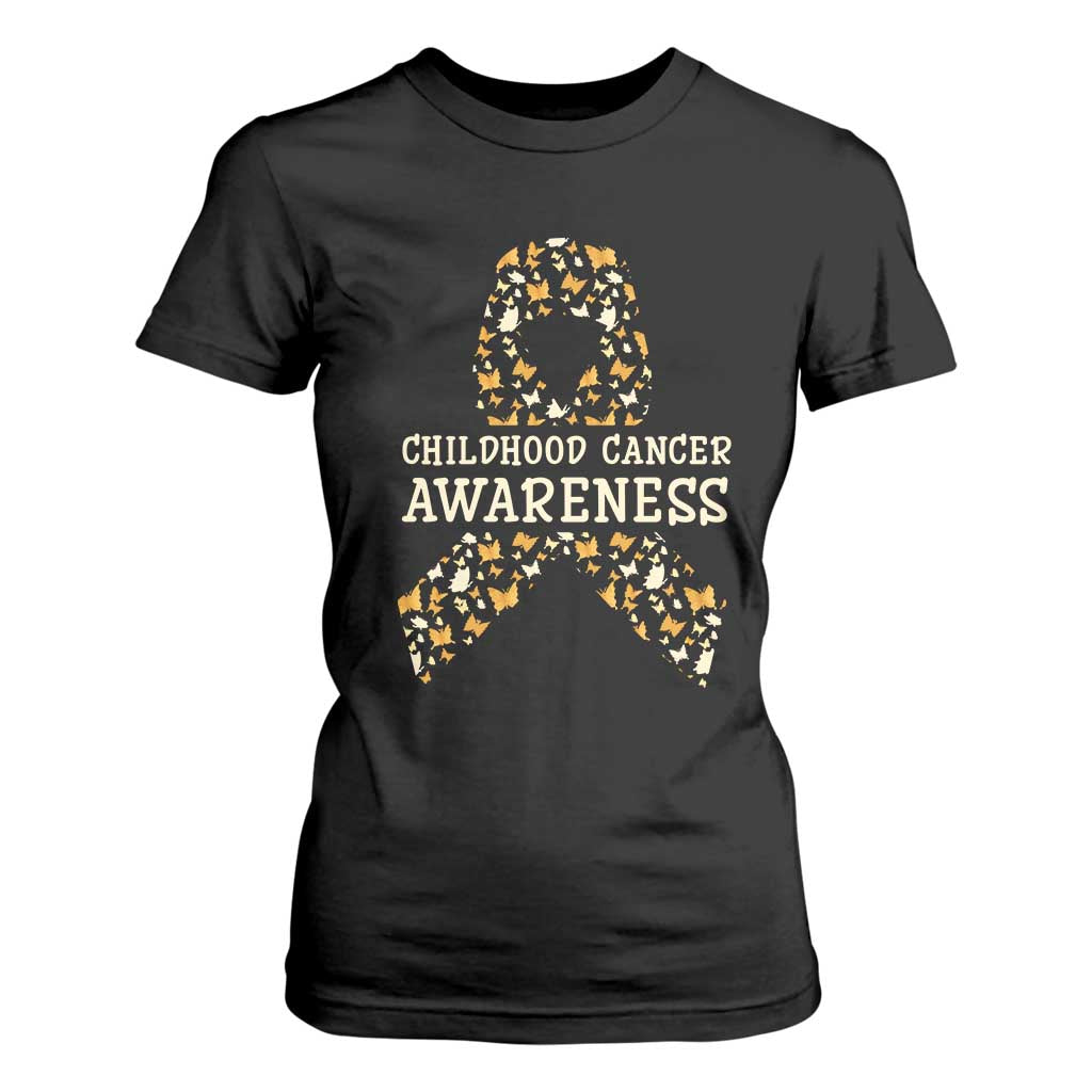 Childhood Cancer Warrior Support T Shirt For Women Butterfly Gold Ribbon Support Raise