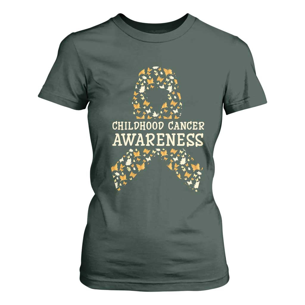 Childhood Cancer Warrior Support T Shirt For Women Butterfly Gold Ribbon Support Raise
