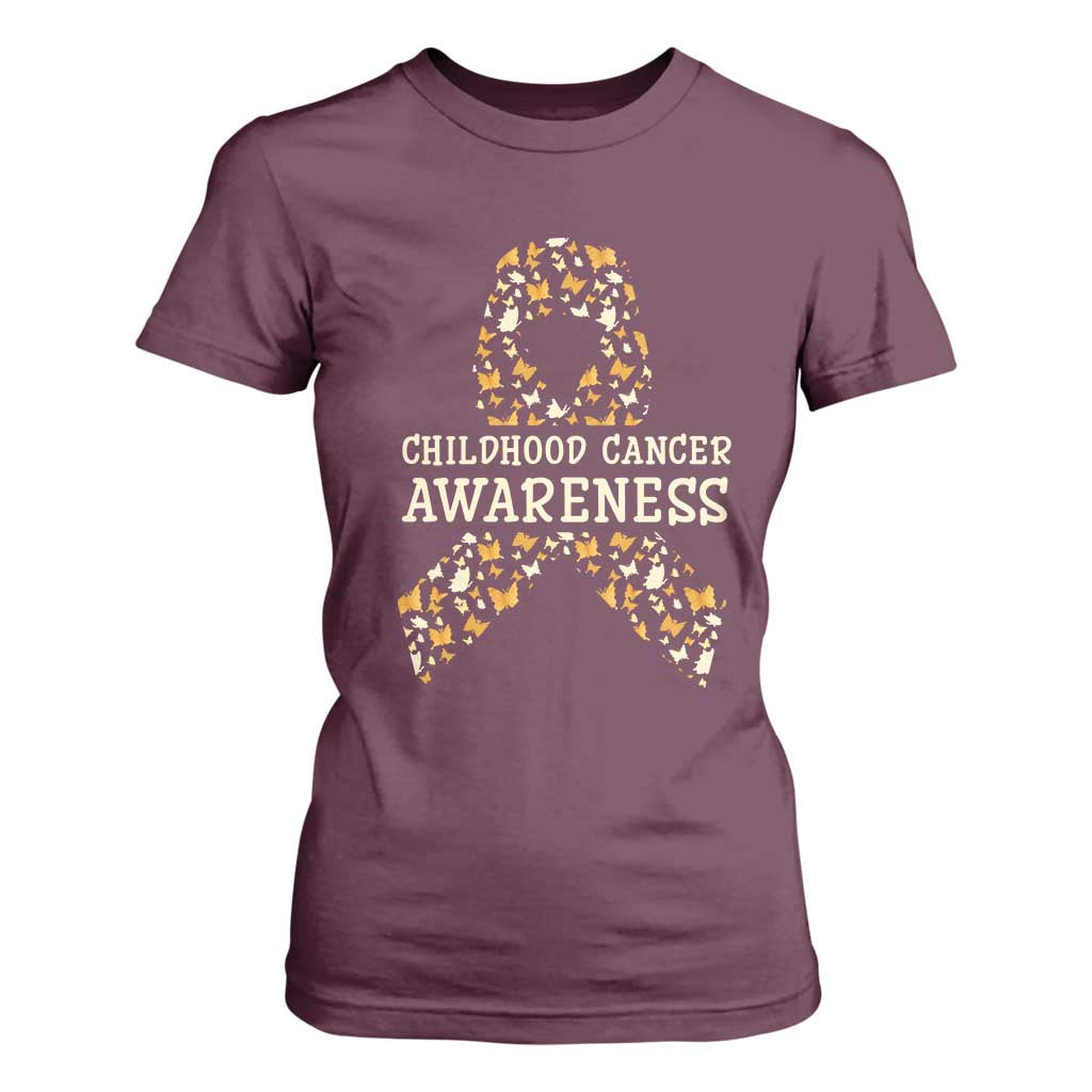Childhood Cancer Warrior Support T Shirt For Women Butterfly Gold Ribbon Support Raise